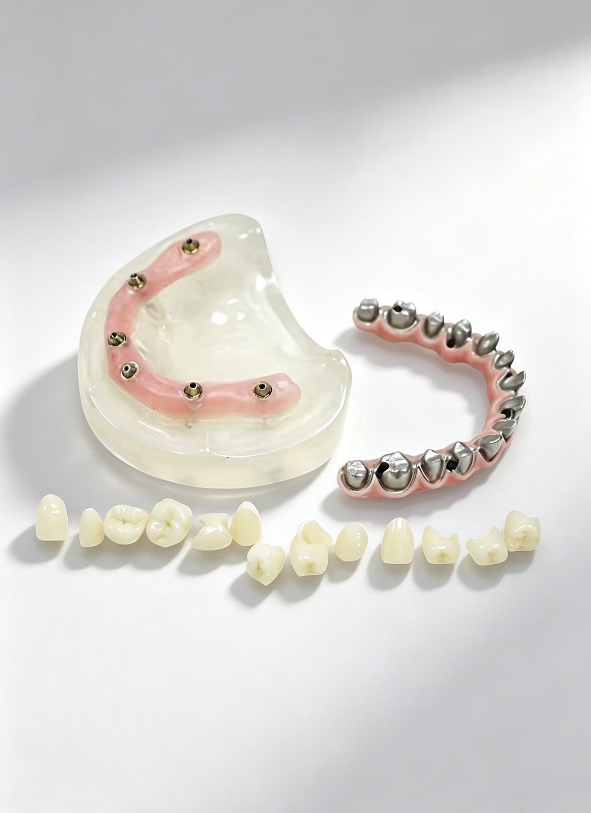 Components of an All-on-X bridge laid out on an implant model before assembly